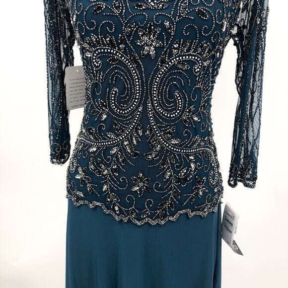 PISARRO NIGHTS Beaded Mesh Gown Size 4 Blue Rich Sapphire Mock Two-Piece NWT - Picture 8 of 13